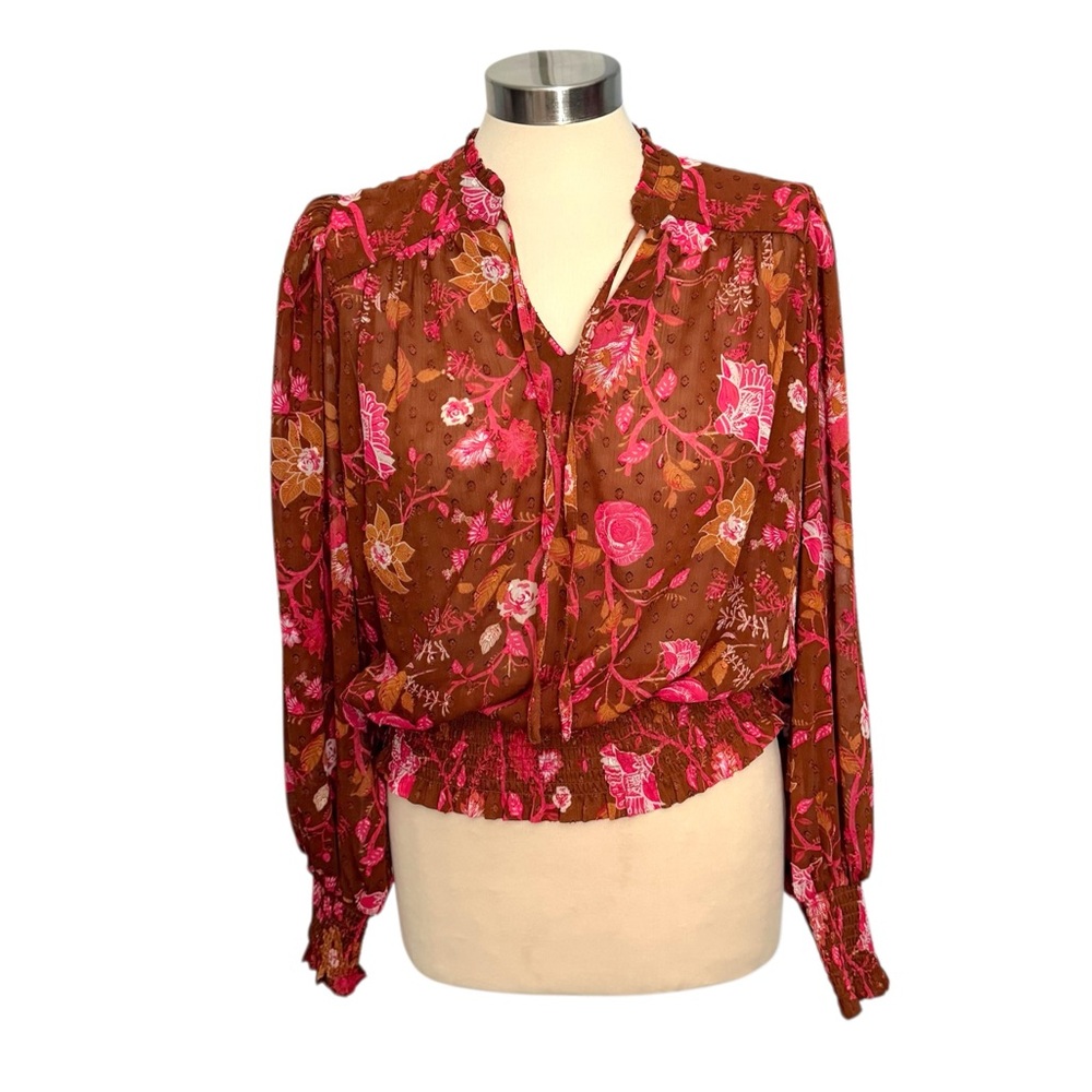 Joie Ruffled + Smocked Swiss Dot Chiffon Floral Blouse Brown, Pink, Burnt Orange